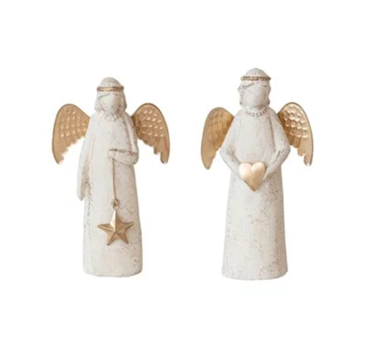 Hand-Painted Paper Mache Angel w/ Heart/Star, White & Gold Color, 2 Styles